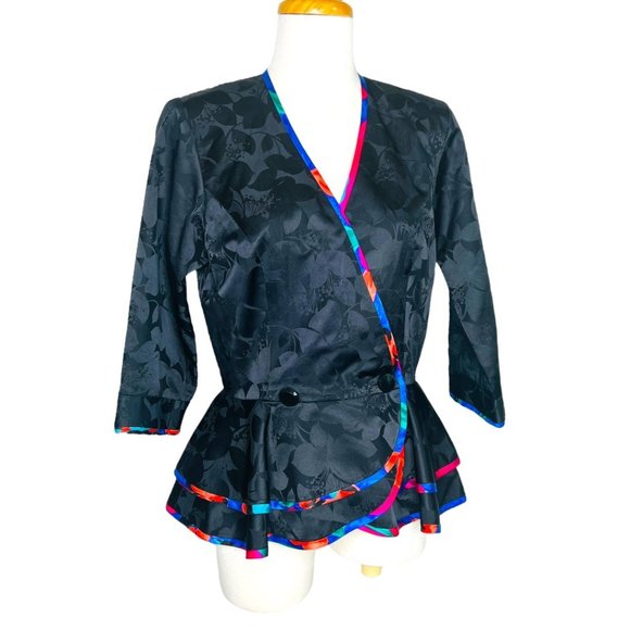 80s AJ Bari Jacquard Peplum Jacket 100% Silk Floral Piping Size 10 Vintage - Picture 8 of 10
